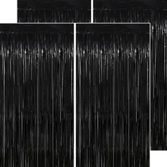 4 Pack 3.2×8.2 Ft Black Streamers Tinsel Foil Fringe Backdrop Curtains