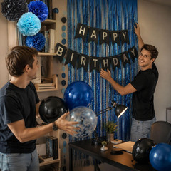 Blue Black Birthday Party Decorations Set Banner Balloons Pom Poms Curtain Kit
