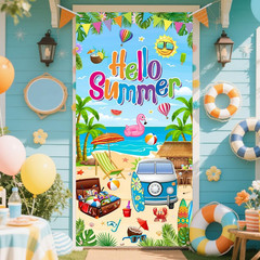 Hello Summer Decorations Tropical Beach Hawaiian Door Banner Cover 35.4″ X 70.8″