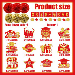 Red and Gold Graduation Decorations, 2026 Grad Banner and Congrats Grad Hanging