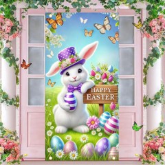 Happy Easter Decorations Colorful Eggs Flowers Bunny Door Cover Banner 71″x35″