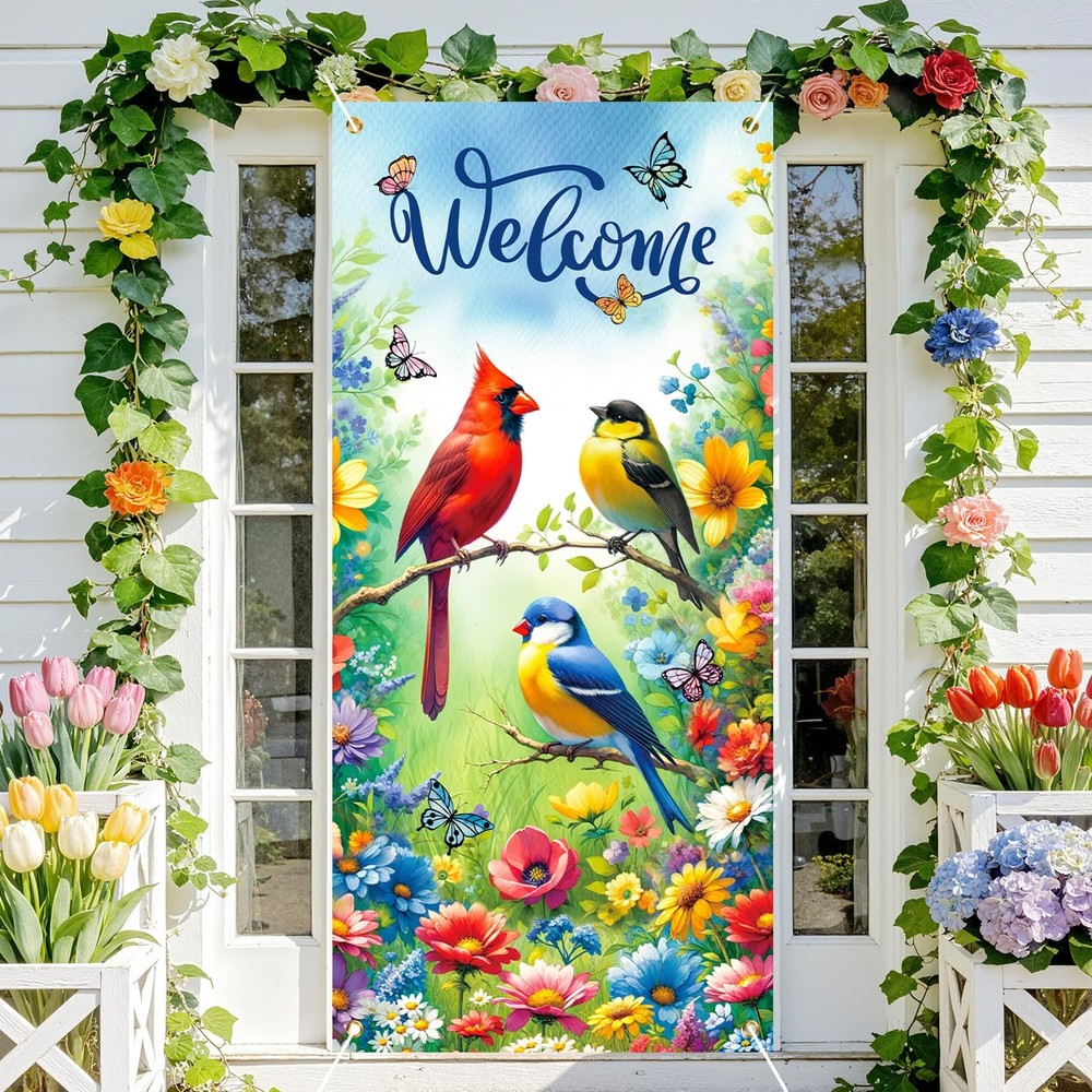 Spring Welcome Door Cover Decorations Spring Summer Bird Flower Door Banner E…