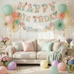Sage Green Blush Pink Birthday Decorations,Flower Butterfly Happy Birthday Banne