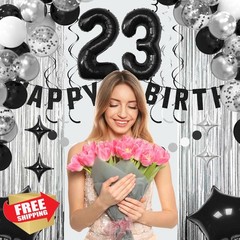 Ashmole 23th Birthday Banner Balloons Black Silvery