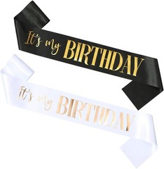 Luxurious 2-Pack Birthday Sashes: Black & White with Gold/Rose Gold Lettering