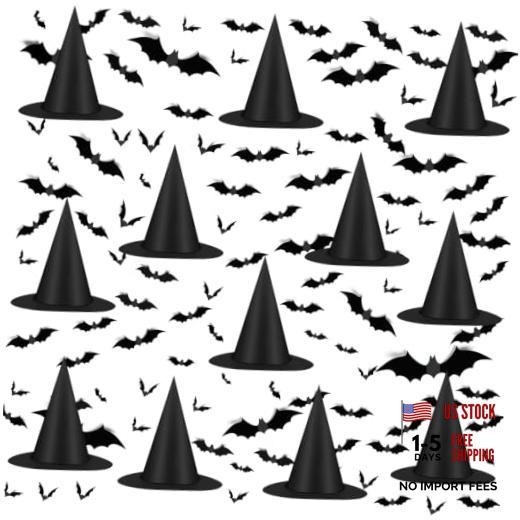 12pcs Halloween Black Witch Hat with 157 FT Nylon Cord &120pcs Bat Sticker