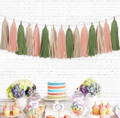 Retro Pink Sage Green Tissue Pepper Tassel Garland for Woodland Shower 15 Pcs