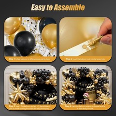 141Pcs Black and Gold Balloon Arch Kit with Happy Birthday Banner for Black a