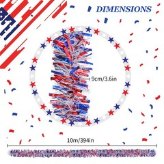 33ft Patriotic Tinsel Garland,Red White Blue Star Twisted Garland for 4th of Jul