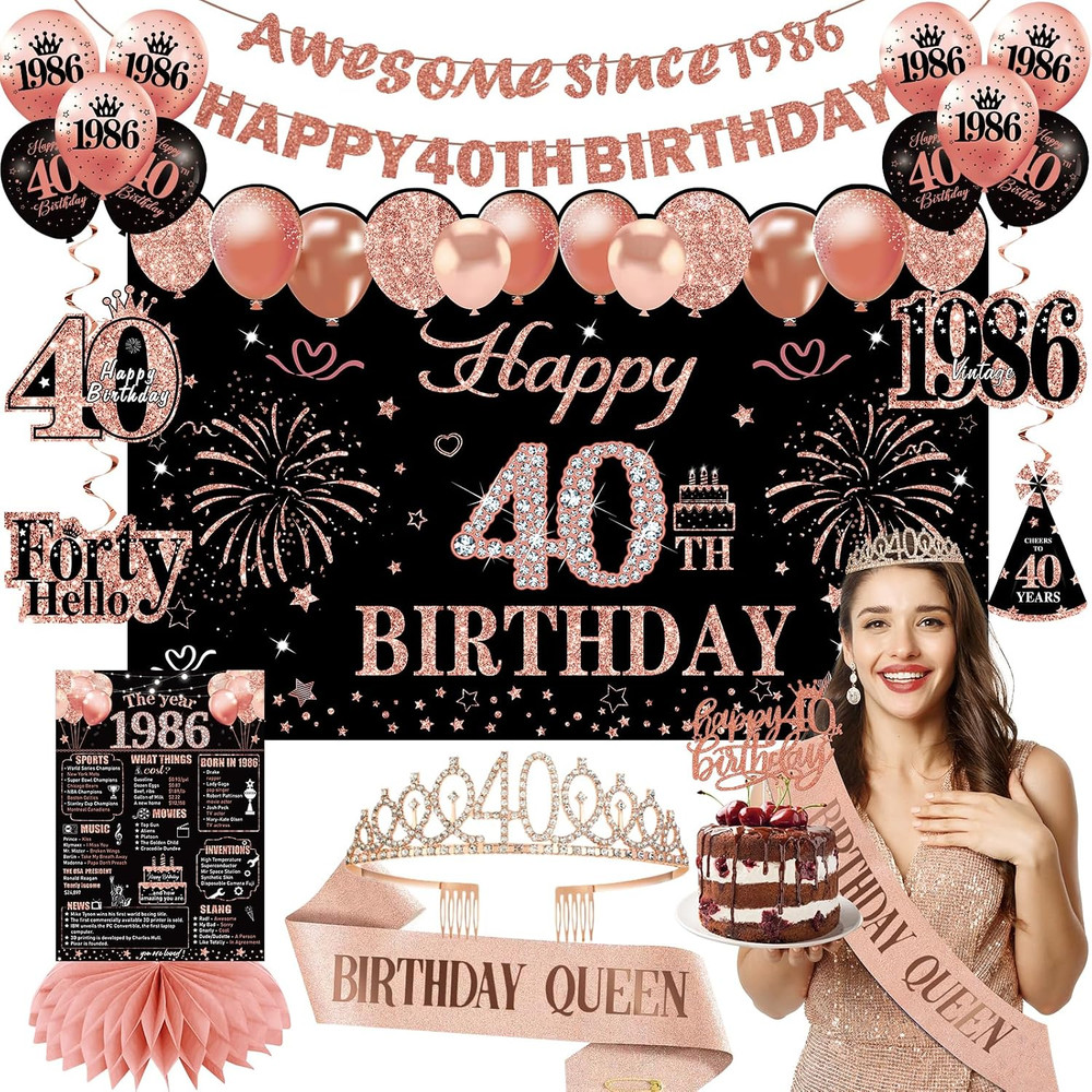 40Th Birthday Decorations for Women Black Rose Gold, 40Th Birthday Crown and Sas