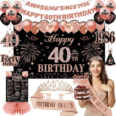 40Th Birthday Decorations for Women Black Rose Gold, 40Th Birthday Crown and Sas