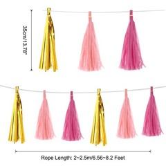 15Pcs Bright Gold, Rose Red, Light Pink Tassel Garland Banner with Rope