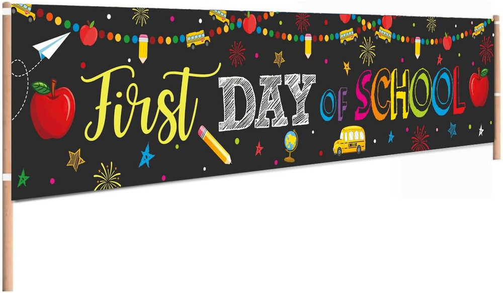 Happy First Day of School Decorations Banner Welcome Back to School Backdrop Pen