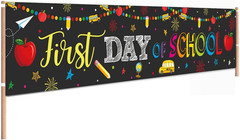 Happy First Day of School Decorations Banner Welcome Back to School Backdrop Pen