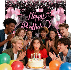 5X3FT Pink and Black Glitter Birthday Decorations Women Happy Birthday Sign