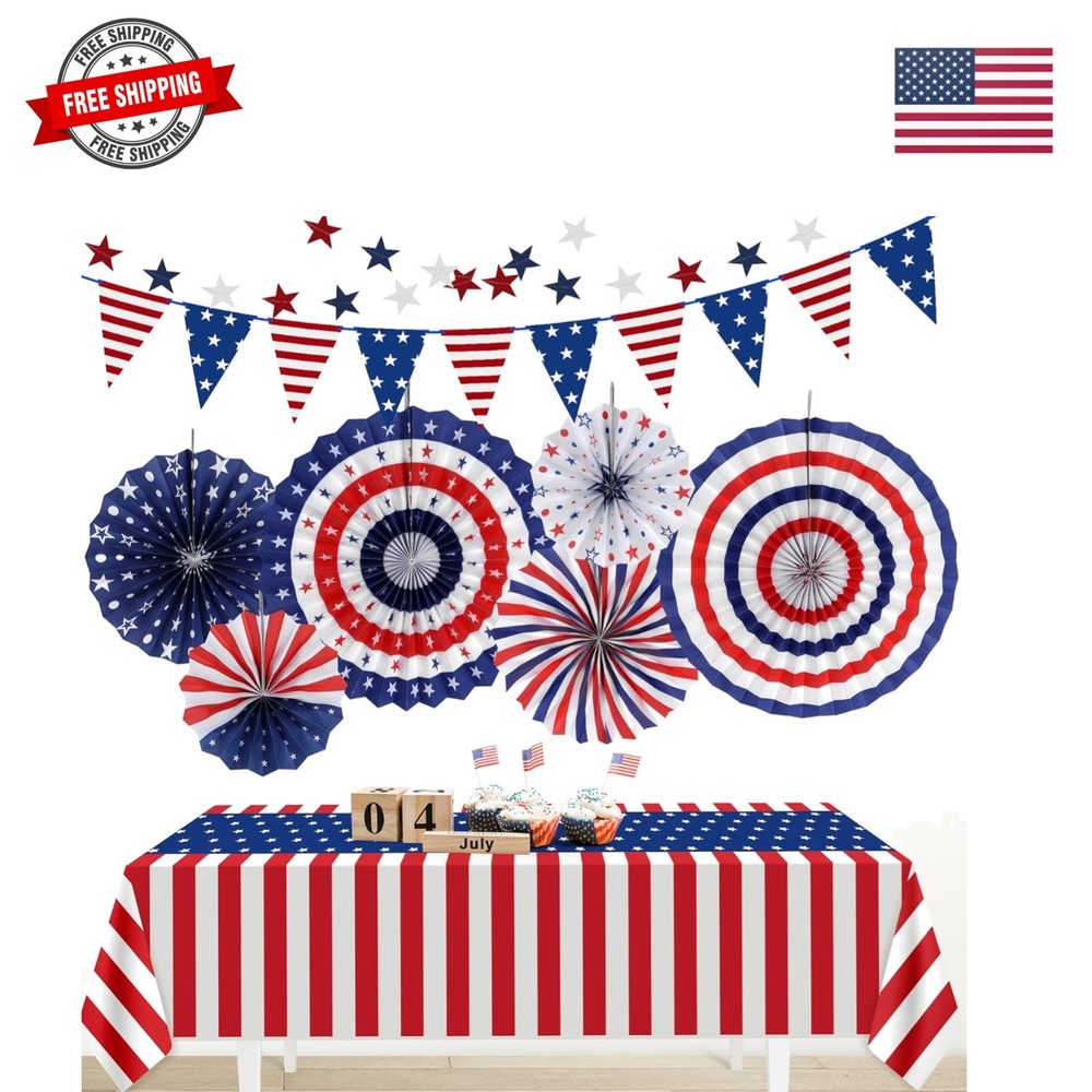 Patriotic 4th of July Decorations Set,9 Pcs Red White and Blue Paper Fans, Pe…