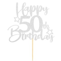 1 PC 50th Birthday Cake Topper DoubleSided Silver Glitter Star Decoration