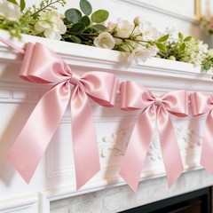 1-String Pink Bow Garland Banner, 8 Pre-Strung Double-Layer Ear Satin Ribbon