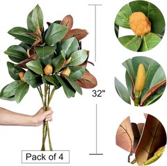 Set of 4 Magnolia Branches 32 Inch Long Artificial Green – 4
