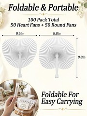 White Folding Fans – Heart & Round Shaped, 100 Pack