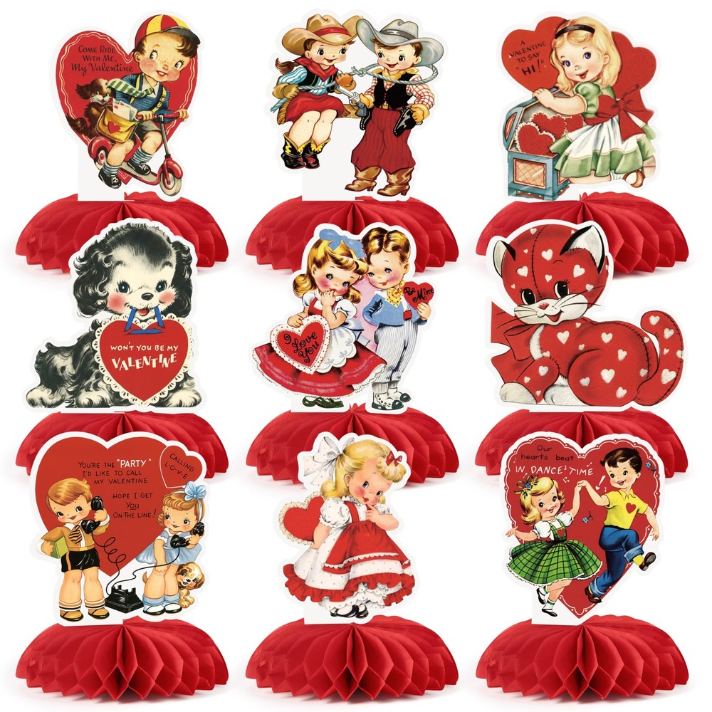 9 Pcs Vintage Valentine’s Day Decorations Retro Red Heart Honeycomb…