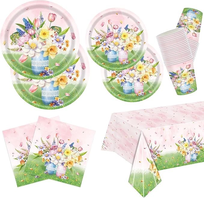 Bouquet Spring Floral Disposable Tableware (Plates, Cups, Napkins, Tablecover)