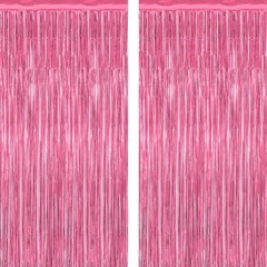 2 Pack Pink Party Decorations, 3.28 FT x 7.05 FT Pink Backdrop, Metallic Tinsel