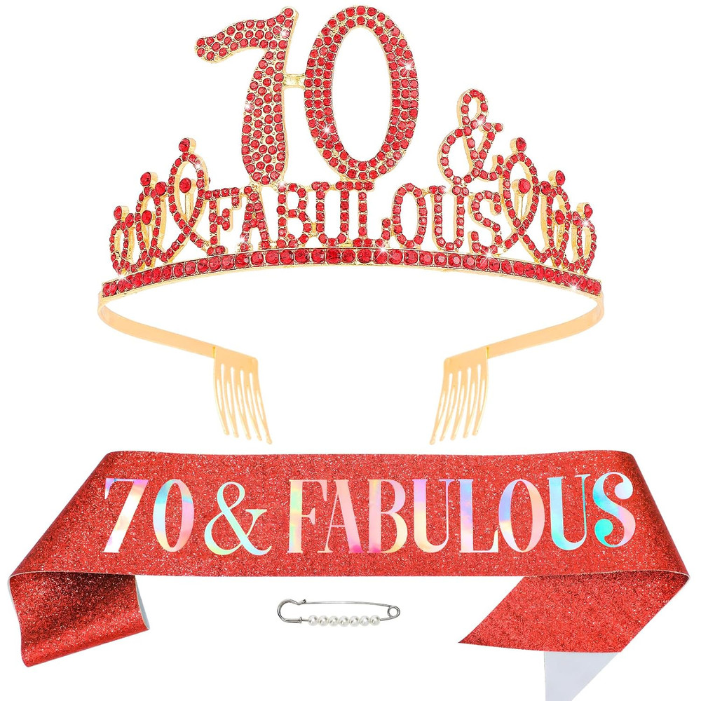 Red 70Th Birthday Decorations for Women, Happy 70Th Birthday Gifts Sash and Crow