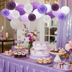 18 PCS Purple White Lanterns & Tissue Pom Poms for , Baby Shower, Wedding, Br…