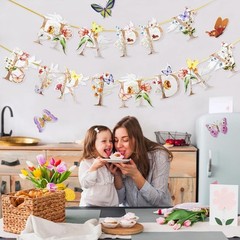 Flower Butterfly Happy Birthday Banner, Boho Groovy Floral and Butterflies Bday