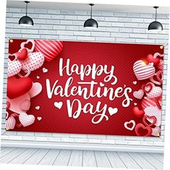 Happy Valentine’s Day Backdrop Banner 73 x 43 Inch Large Size Red Heart
