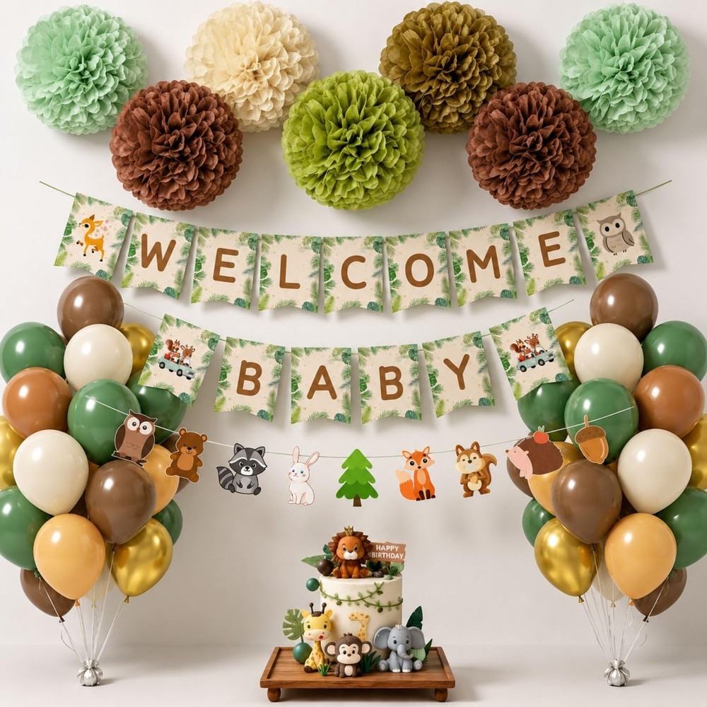 Woodland Baby Shower Decorations with Dark Brown Sage Green Beige Paper Pompo…