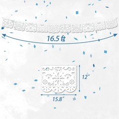 5 Pack White Papel Picado Banner, Large Plastic Mexican 16.5 ft,