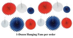 12-PC Red White Blue Hanging Tissue Paper Fans Patriotic Decor 8″-16″Dia #954