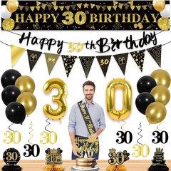 30th Birthday Decorations Set – 27pcs Black Gold Party Supplies, Banner, Balloon