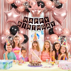 Rose Gold Birthday Decorations – 2 Foil Fringe Curtains, Sash, Cake Topper, 18