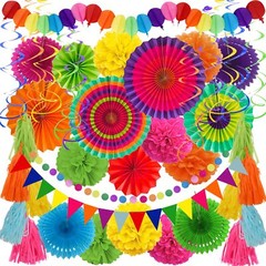 Party Decorations, 41 Pcs Multicoloured Papar Fans Pompoms Garlands String Ti…