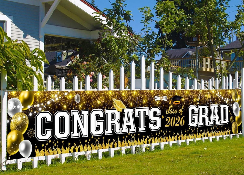 Large Graduation Banner Class of 2026 Black and Gold – 120×20 Inch Congrats Grad