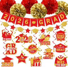 Red and Gold Graduation Decorations, 2026 Grad Banner and Congrats Grad Hanging