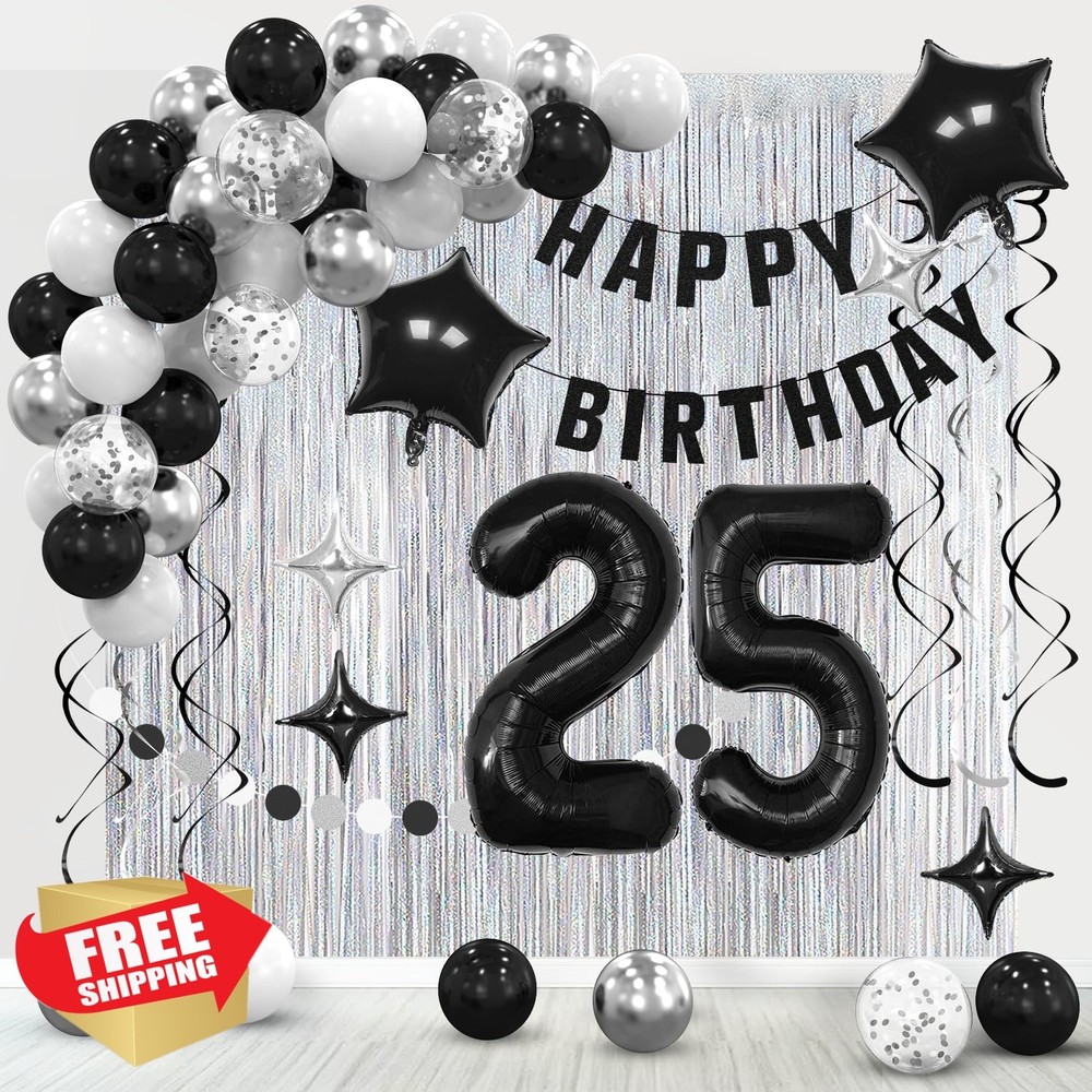 25th Birthday Decorations for Boys Girls, Silvery and Black Happy 25th Birthd…