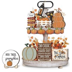 15pc Fall Harvest Rustic Wood Pumpkin Tiered Tray Tabletop Decor Sign Set