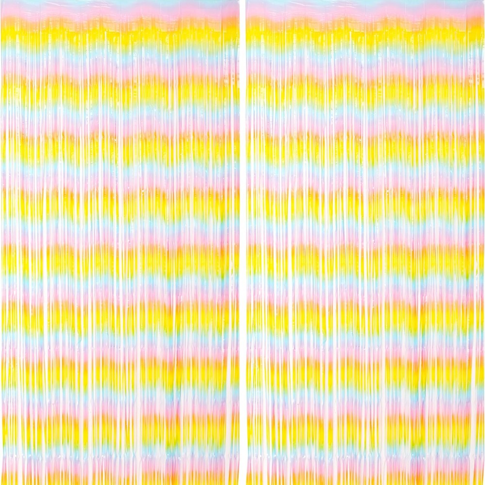 2 Pack Pastel Rainbow Foil Fringe Backdrop Curtains Tinsel Streamers for Party