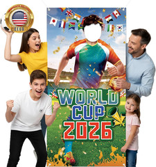 World Cup Photo Banner 2026 71X35 Inches Soccer Player Cutout Backdrop with Face