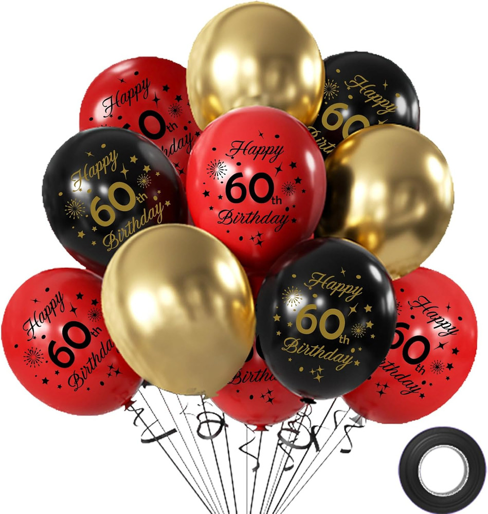 60Th Birthday Balloons 12Pcs Red Black and Gold Happy 60Th Birthday Latex Confet