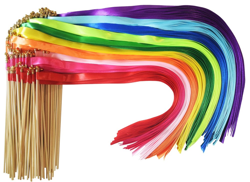 100 Pieces Multi-Color Ribbon Wands Streamers Sticks with Gold Bell, Chromati…