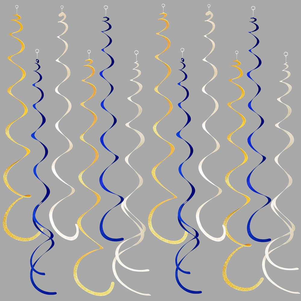 36 Pcs Blue Gold Hanging Swirl Decorations Royal Blue Glitter Gold Beige Felt Sw