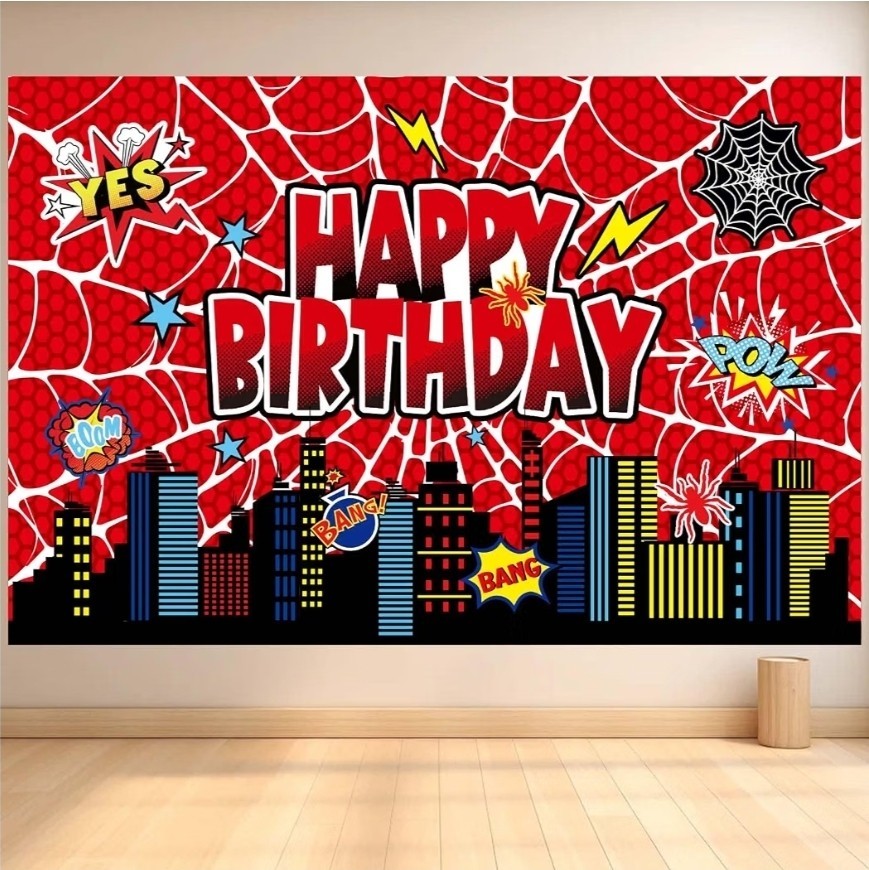 Superhero Spiderman Backdrop Happy Birthday Party Photo Background Banner 4×6 Ft