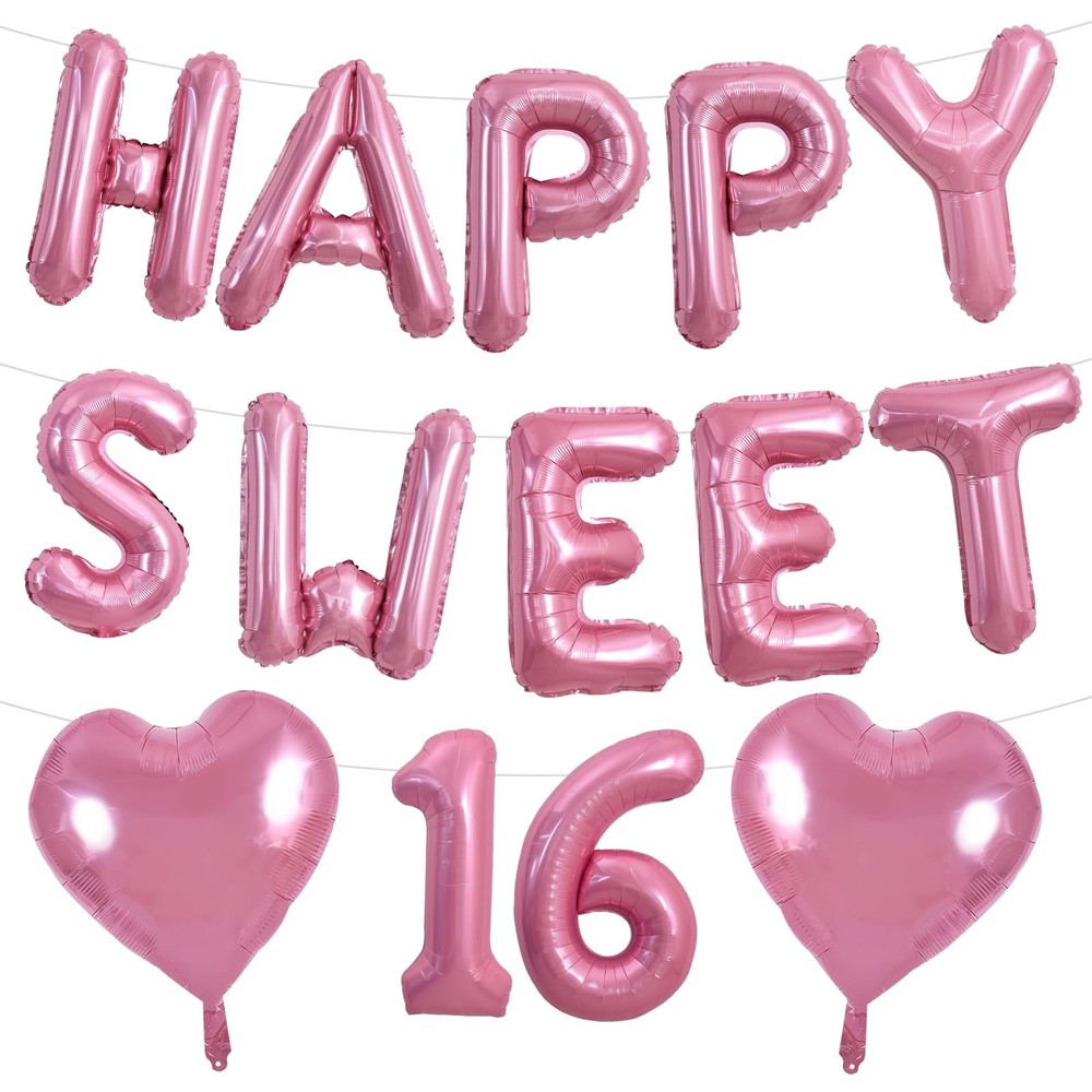 16 Inch HAPPY SWEET 16 Balloons Banner Pink with 2Pcs 18Inch Pink Heart Ballo…