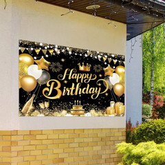 7X5Ft Happy Birthday Backdrop Banner – Black Gold Glitter Balloon Theme