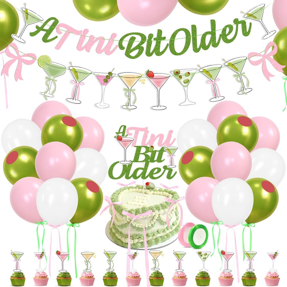 Martini Bow Birthday Party Decorations, Green Pink Glitter A Tini Bit Older